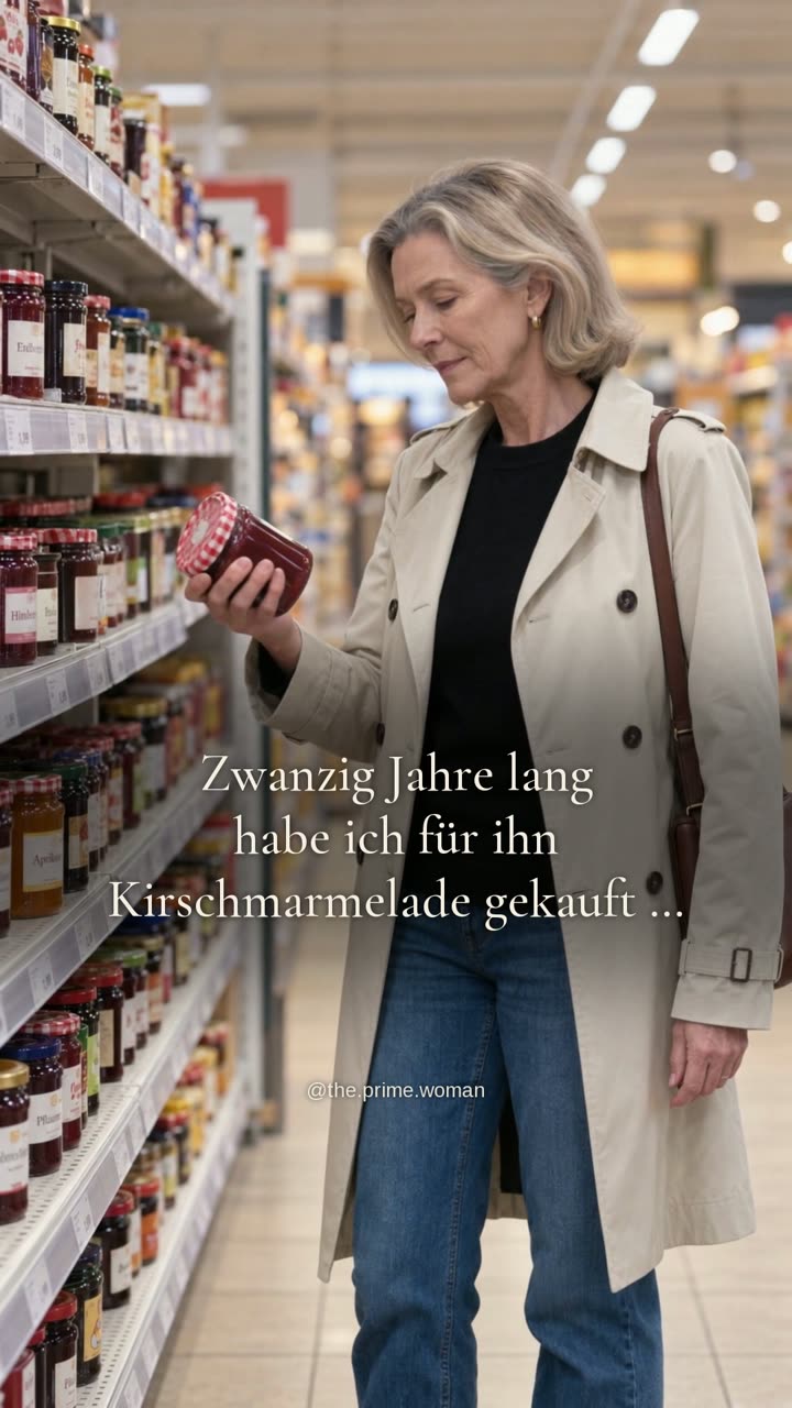 Frau im Supermarkt mit einem Glas Kirschmarmelade